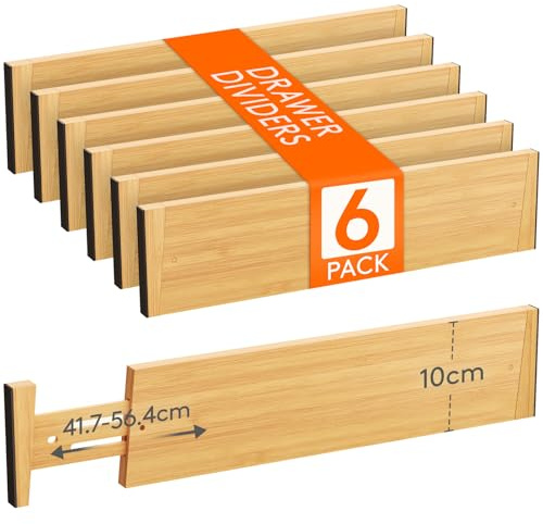 Lifewit Set med 6 Lådavdelare i Bambu, 10 cm Höga, Justerbara Klädavdelare 41-56 cm för Organisering och Förvaring i Sovrummet/Badrummet/Köket/Kylskåpet/Kontoret