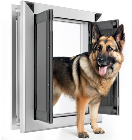 Fingerping Großer Hund aus Aluminium für Außentür, starke doppelte Magnetklappen, robuste Hundetür für große und mittelgroße Hunde bis zu 50 kg (groß, silberfarben)
