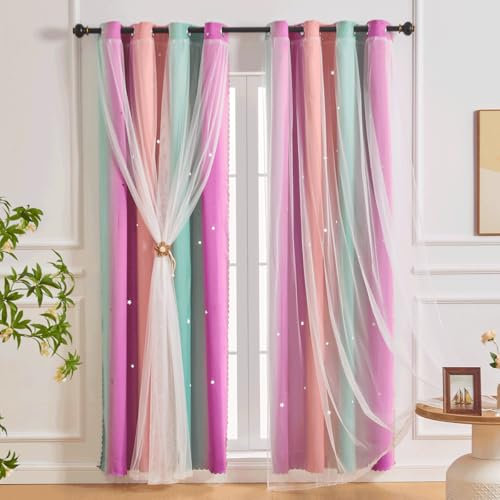 NETMEO 2 Panel Girls Bedroom Curtains, Children's Room Daughter Bedroom Windows, Darkening Star Shape, Grommet Curtains (Pink Purple Blue, W52×L63×2P)