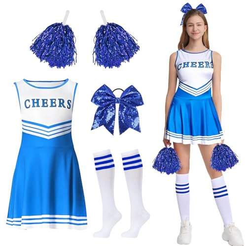 GUBOOM Cheerleader Kostüm Damen für Erwachsene, Cheerleaderkostüm Damen mit Cheerleader Pompoms, Haargummi, Socken, High School Cheerleader Kostüm für Verkleidung Cosplay Karneval Mottoparty (Blau, S)