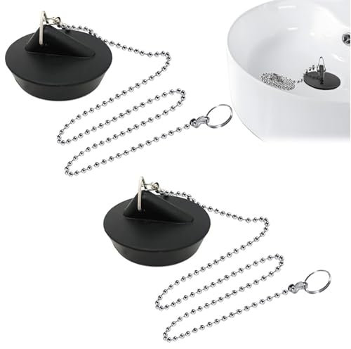 Bouchons D'évier en Caoutchouc (2 Pièces), Bouchon d'Evier avec Chaîne à Billes, pour Baignoire, Cuisine, Salle de Baine, Compatible avec Eau Chaude et Froide, Noir