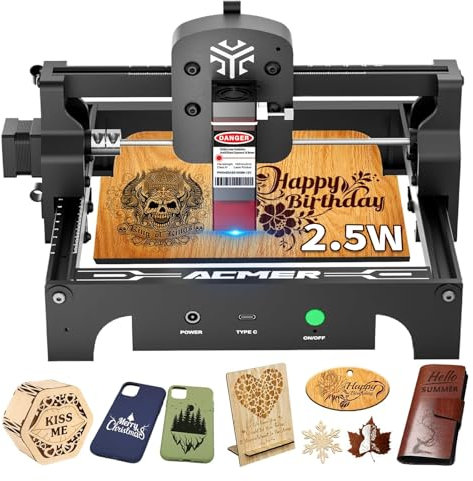ACMER S1 Machine à graver laser pour métal/verre/bois, puissance de sortie laser 2.5W/3.5W/6W, machine à graver laser, outil de gravure, DC24V, zone de travail 5.1 * 5.1inch (Noir, S1 2.5W)