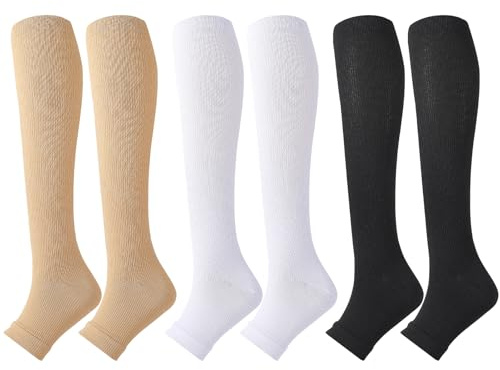 3 Paare Kompressionsstrümpfe Damen, Stützkniestrümpfe Compression Socks Lange kompressionssocken mit 15-25Mmhg Reisestrümpfe Stützstrümpfe Offene Spitze Abgestufte Unterstützung Stützstrümpfe 40-44