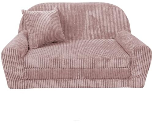 FORTISLINE - Kindersofa Rosalia Mini - Ausklappbares Mini-Sofa aus Cord mit Verlängerung - Schlafcouch 78 x 45 x 40 cm - Kinder Sitzsofa Oeko-TEX Zertifiziert - inkl. Kissen - in 7 Farben - Rosa