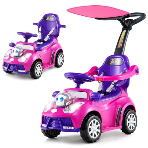 COSTWAY 3 in 1 Auto a Spinta, Macchinina da Passeggio con Clacson, Musica, Luci, Cintura di Sicurezza, Tettuccio e Manico, Macchina Cavalcabile per Bambini 1+ Anni (Rosa)