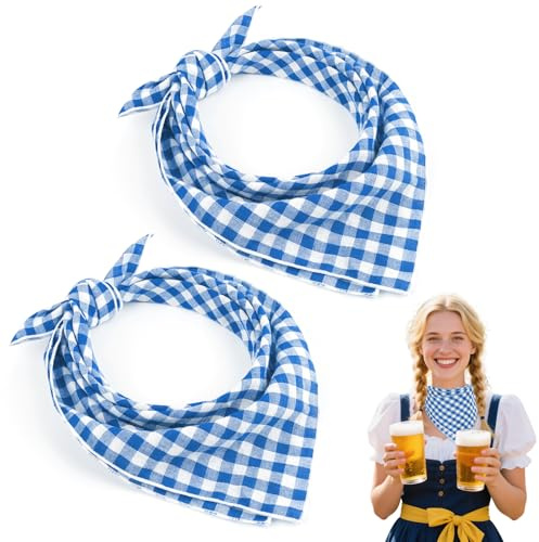 Leikedun Pack of 2 Red White Traditional Scarves 55 x 55 cm Beer Festival Neckerchiefs Checked Neckerchief Bavarian Accessories for Women Men Oktoberfest Outfit Costume Party, blue-white, 55 * 55 cm