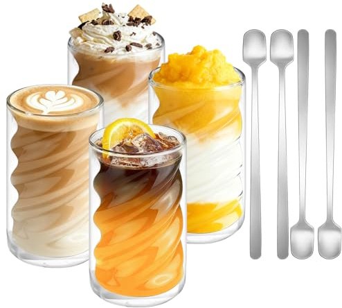 YIWONFU Latte Macchiato - Vasos de doble pared (350 ml, 4 unidades, con 4 cucharas, cristal de borosilicato, aislante, tazas de café de capuchino, café helado, vasos de té