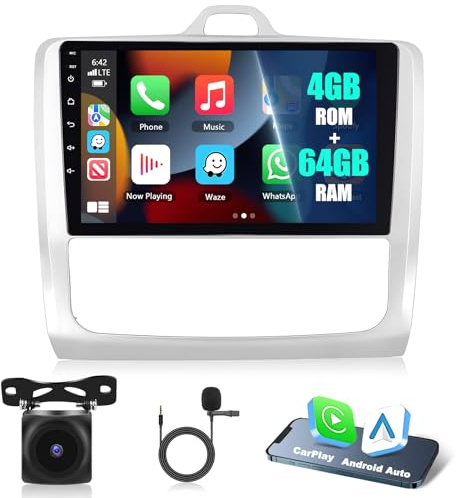 Motorsi 4GB+64GB Carplay Autoradio per Ford Focus 2004-2011 con Android Auto Bluetooth Car Stereo Schermo con GPS WiFi RDS/FM Radio SWC EQ USB Mirror Link Canbus + Telecamera Posteriore