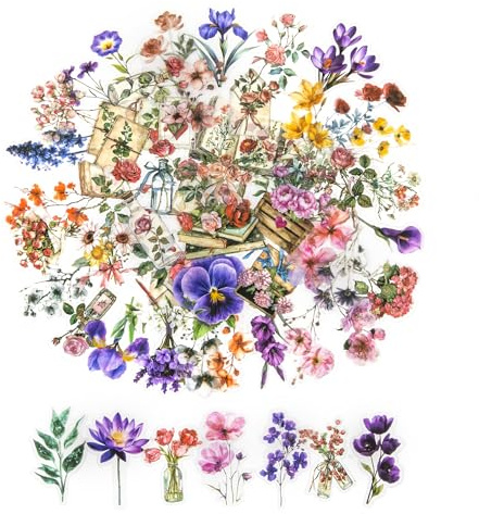 150 Transparent Scrapbook Stickers, Wasserfeste PET Blumen Sticker, Selbstklebend Dekorative Scrapbooking Aufkleber Scrapbook Zubehör Set für Scrapbook, Fotoalbum, journal (Blasse Blüten)