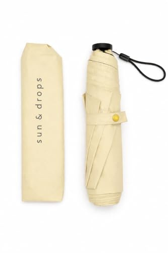 Paraguas de bolsillo Sun & drops. Plegable ultraligero 125g. UPF 50+ Protección solar ideal sol intenso. Repelente al agua, secado ultrarrápido. Apto para lluvia ligera/moderada. No para viento fuerte