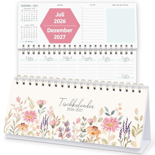 KONVINIT Calendrier de bureau 2026-2027, calendrier hebdomadaire 2027, à poser, motif floral, planificateur hebdomadaire de juillet 2026 à décembre 2027, 1 semaine, 2 pages, calendrier de bureau pour