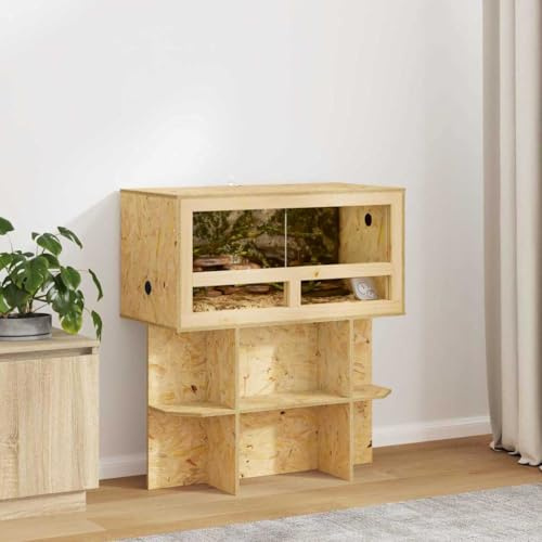LoogCape Rustik OSB-terrarium 80 x 40 x 90 cm med väggmontering, integrerade hyllor och stabil ram för reptiler och gnagare i naturligt brunt för inomhusbruk