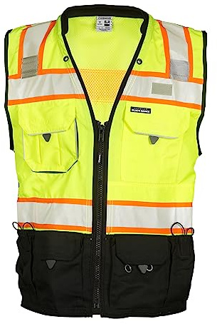 Kishigo Premium Black Series Men's Surveyors Vest S5002, Class 2 Hi-Vis Safety Vest, 10 Pockets with Reinforced Front Zipper Closure & Durable Webbing, ANSI/ISEA 107 Compliant (Lime/Black, XL)