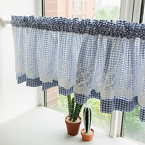 SMITHOOM 1 Pezzo Tenda Corta Stile Pastorale Mantovana in Pizzo per Cucina Soggiorno Camera Bagno Balcone Lavanderia Blu 200x45cm