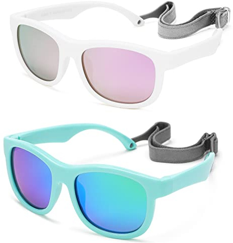 Hycredi Flexible Polarized Sunglasses with Strap for Baby Age 0-2 Years (Matte White/Mirrored Purple+Matte Green/Mirrored Green)