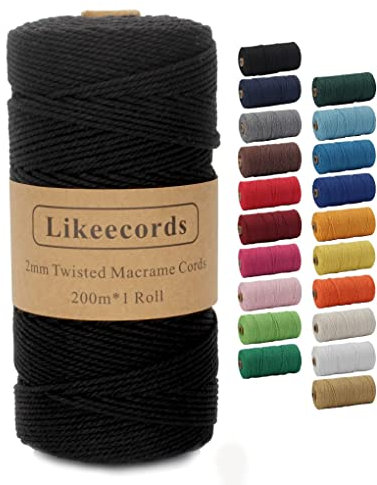 Likeecords Makramee-Schnur 2 mm x 220 Yards, farbiges Makramee-Seil, Baumwollseil, Makramee-Garn, Bunte Baumwoll-Bastelschnur zum Aufhängen, Pflanzenaufhänger, Basteln, Stricken（schwarz）