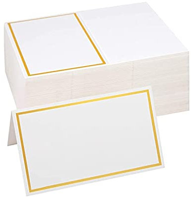 100 PCS Tarjetas de Lugar de Boda, Tarjetas de Lugar de Nombres de Mesa Plegadas, Tarjetas de Nombre Pequeñas en Blanco con Bordes de Lámina Dorada para Banquete de Boda,Fiesta,Festival (8,5 x 10 cm)