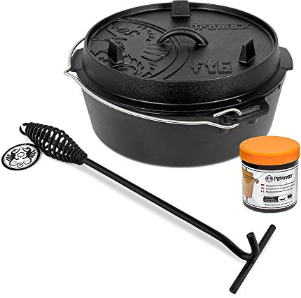 Petromax Feuertopf (Dutch Oven) Set´s (FT6, planer Boden) | Original Gusseisen | mit Deckelheber und Pflegepaste | ohne Einbrennen | Einsteiger-Set | robust & vielseitig