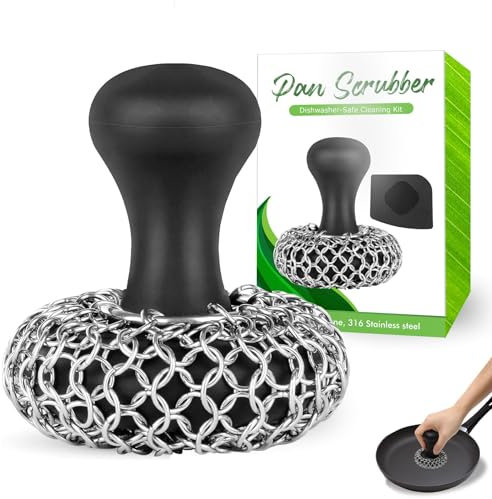 316L Cast Iron Pan Scrubber | Dish Scouring Pad Dishwasher-Safe Cleaning Kit | Chainmail for Cast Iron Skillet Cleaner, Effortless Cleaning for Pans, Skillets and Grills (Black,1 Scrubber +1)