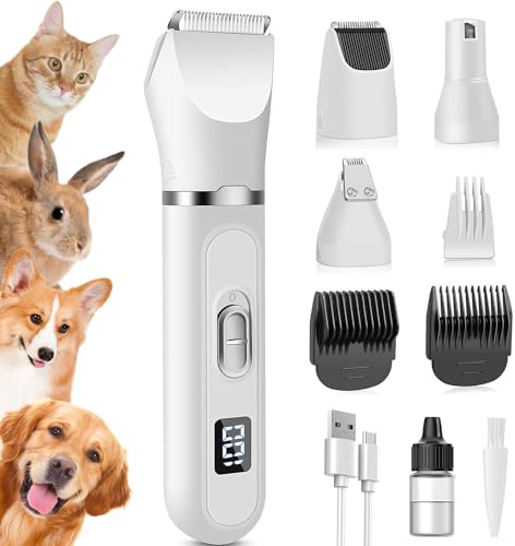 4 in 1 Cat Clippers, Dog Paw Trimmer, Pet Shaver, Low Noise Rabbit Grooming Kit with Paw Trimmer Nail Grinder, Rechargeable Cordless Quiet Dog Clippers for Paws, Eyes, Ears, Fur, Face, Hair Grooming