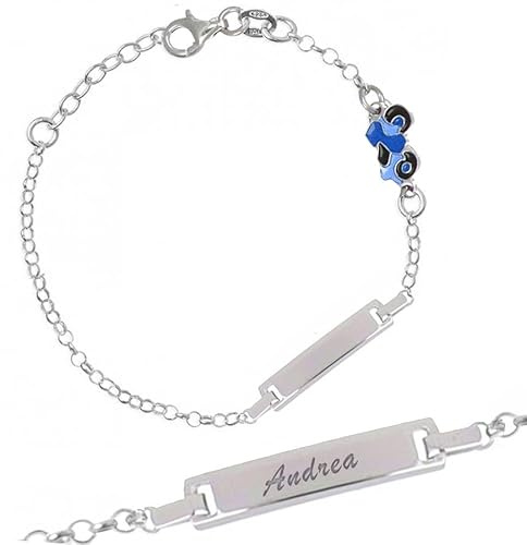 Sakrami Bracciale Bambino in Argento 925 + Piastrina Personalizzabile + Moto Smaltata + Braccialetto Kids Collection + Regalo per Nascita, Battesimo, Comunione + Confezione Regalo (Blu)