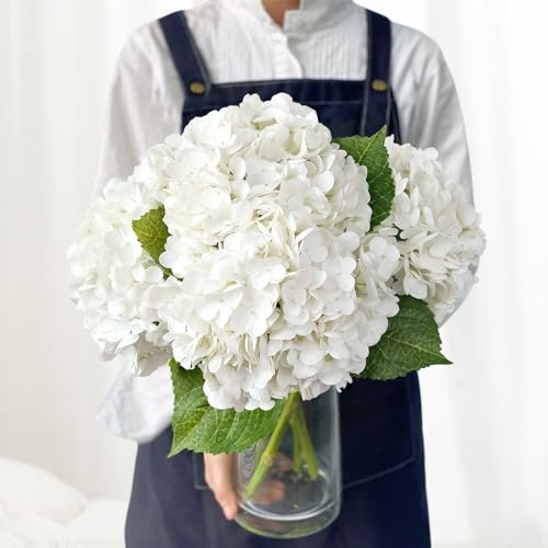 JINWOE White Flowers Hydrangea Artificial Flowers, 4Pcs Outdoor Large 21 Royal Real Touch Latex Silk Flowers Faux Hydrangea, Lifelike Fake Flower for Spring Wedding Bouquet Table Centerpieces