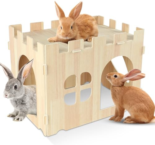 YUEPET Wooden Rabbit Castle, Rabbit Hideout and House Detachable Bunny Habitat Indoor Small Animal Hideout for Adult Bunny Guinea Pig Chinchilla