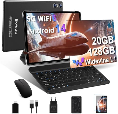 SKYEGG Tablet 10 Pulgadas Android 14 – 20GB RAM + 128GB ROM (Ampliable hasta 1TB), Widevine L1, WiFi 6, con Teclado, Ratón y Funda – Ideal para Trabajo y Estudio – Negro