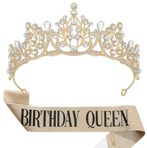 Anniversaire Diadème et Écharpe Or Strass Couronne d'anniversaire Écharpe Birthday Girl Sash Birthday Queen écharpe Tiara en Cristal pour Fille Femme