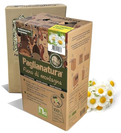 Paglianatura Fieno di Montagna 600gr con Camomilla in Dispenser - Cibo Naturale e Aromaterapia per Conigli e Roditori (1 pezzo)