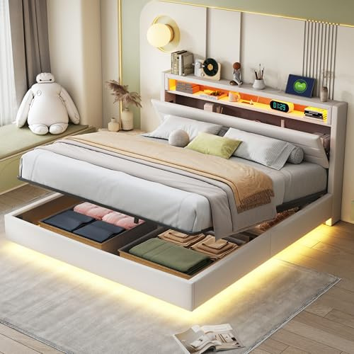 KEYIDE Letto imbottito 160x200 cm con illuminazione LED e ricarica USB, letto matrimoniale con cassetto, testiera e rete a doghe, letto sospeso idraulico per giovani, in lino, senza materasso