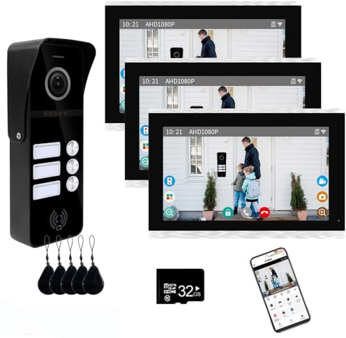 Videoportero con cable para apartamentos 3 unidades Videoportero con monitor táctil de 10 pulgadas, Kit de videoportero inalámbrico,Desbloqueo con tarjeta IC para (1 timbre negro+3 monitor plata)