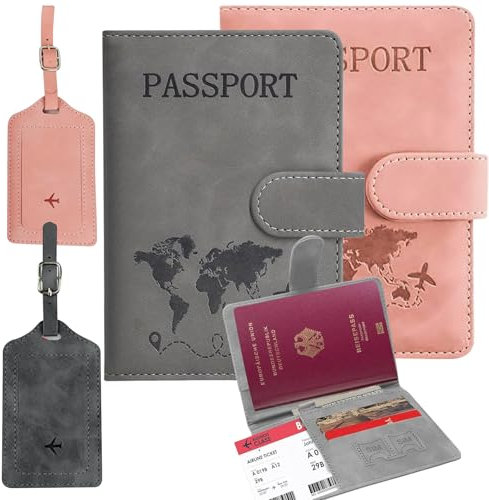 UptVin 2 Stück Reisepasshülle, Passport Hülle mit Kofferanhängern Passport Cover für Damen Herren Reisepass Organizer mit RFID-Blocker für Pässe Kreditkarten Reisedokumente (Rosa & Seegrau)