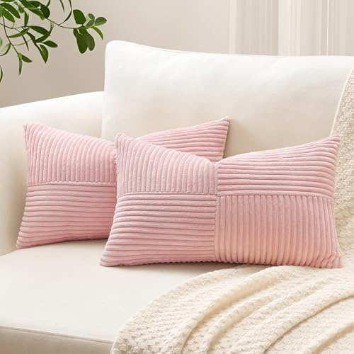 Sungeek Juego de 2 fundas de cojín decorativas de pana suave de 30 x 50 cm, con textura de retazos cruzados, fundas de almohada lumbares sólidas para sofá, cama, patio, 12 x 20 pulgadas, color rosa