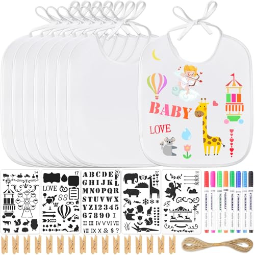 8 stycken babyhaklappar för målning, babyhaklappar bomull med 8 målade mallar 5 textilpennor, haklappar för babyshower party pojke flicka