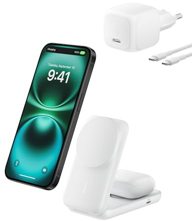 Belkin UltraCharge Cargador Inalámbrico Qi2, 2 en 1 Cargador Magnético Compatible con MagSafe con Puerto USB-C, 25W para iPhone 17, iPhone Air, AirPods, Pixelsnap con Adaptador de 45W - Blanco