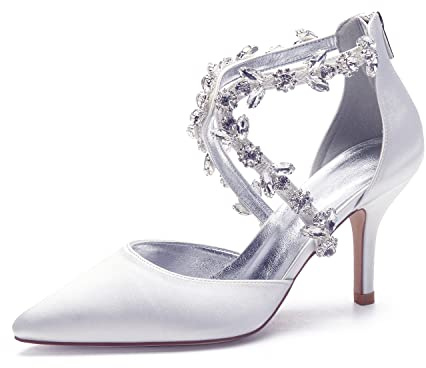 EICOFF Scarpe Donna Tacco Alto con Cinturino alla Caviglia Décolleté da Sposa con Punta Chiusa Strass Cerniera Posteriore Scarpe da Festa Abito,Bianca,41 EU
