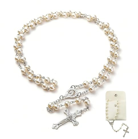 KNUIUYY Collar Cruz Crucifijo Jesucristo, Rosarios Religiosos Collar con Bolsa de Cordón de Terciopelo Collares Rosario Comunión Collares de Cruz de Perlas para Hombres y Mujeres