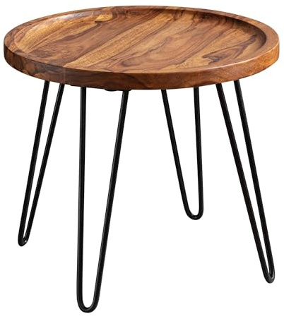 FineBuy Design Couchtisch Sheesham Massivholz 45x40x45 cm Wohnzimmertisch Rund, Sofatisch mit Haarnadelbeine, Kaffeetisch aus Holz und Metall Braun