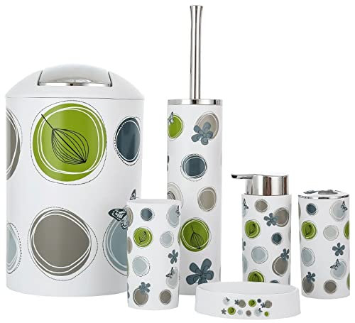 PITRAK 6-teiliges Badezimmer Zubehör Set aus Kunststoff, Lotion Flaschen mit Blumenmuster, Zahnbürstenhalter, Zahnbecher, Seifenschale, Toilettenbürste, Mülleimer