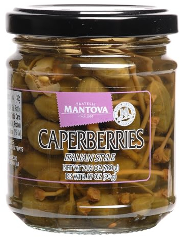 Mantova Caperberries in a Vinegar Mild Brine, 7.05 oz. (Pack of 2), Product of Italy, All-Natural, Caper Bush Fruit, Non-GMO, Gluten-Free, Cholesterol-Free, Vegan-Friendly, Paleo-Friendly