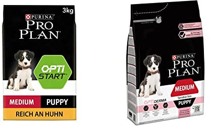 PURINA PRO PLAN Medium Puppy Welpenfutter trocken mit OPTISTART, reich an Huhn, 1er Pack (1 x 3kg) & PURINA PRO PLAN Medium Puppy Welpenfutter trocken mit OPTIDERMA, reich an Lachs, 1er Pack (1 x 3kg)