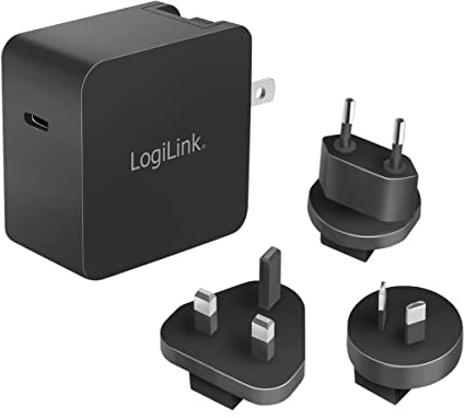 LogiLink GaN (Galliumnitrid) USB-Schnelllade-Reiseadapter 65 W, PD3.0 + QC3.0, mit Adaptern für USA, Kanada, Europa, Australien und vielen Anderen Ländern/Regionen