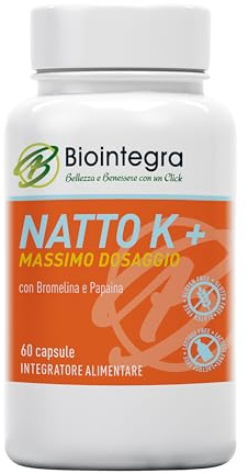 Biointegra Nattokinase ad alto dosaggio, formula unica con Bromelina e Papaina, 60 capsule vegan da 100 mg ciascuna (24.000 FU/g), no additivi, senza glutine, no OGM