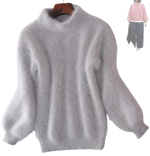 TeysHa Maglione Caldo Sciolto da Donna in Misto Cashmere Angora Invernale, Maglione Pullover Lavorato a Maglia Girocollo in Tinta Unita (One Size,Gray)