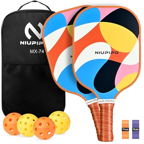 niupipo Pickleball Paddles Set of 2, Fiberglass Surface Pickleball Set, Lightweight Pickle Ball Rackets 2 Pack w/ 2 Indoor & 2 Outdoor Pickleball Balls and 1 Bag, Pickle Ball Paddle Set for Men, Women