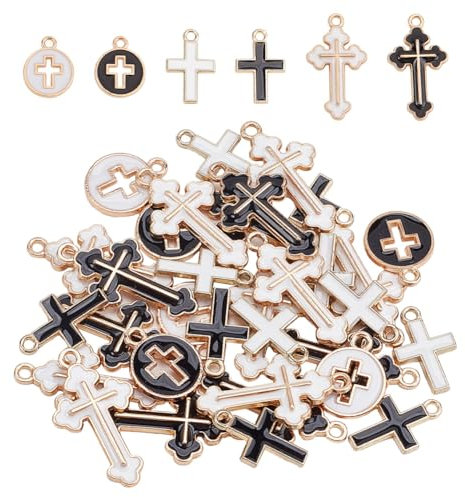 DELORIGIN 60 pcs Croix Charms Breloques Croix Émail Pendentif 6 Styles Charms pour Bracelet Métal Chrétien Charmes Émail Jésus Croix Charme pour la Fabrication de Bijoux Bracelets Collier Porte Clés