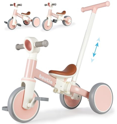 Bautia 5 in 1 Kids Tricycles for 1-4 Year Old, Toddler Balance Bike for Boys Girls Gift Present, Baby Trike with Parent Handle and Removable Pedals for 12 Months+ (No Parent Steering Version)