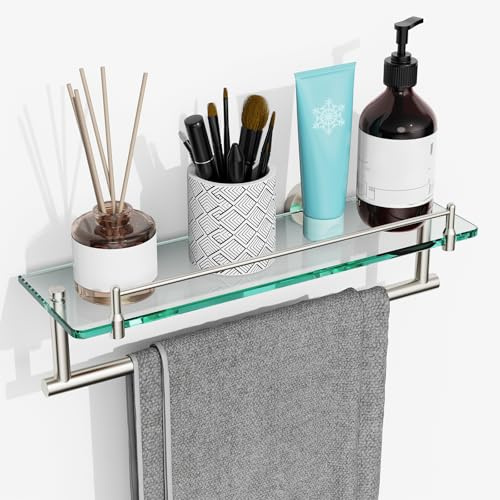 KOCOK Floating Tempered Glass Bathroom Shelf with Towel Bar - Brushed Nickel & Stainless Steel, Wall Mount 16 Inch