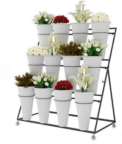Metall Blumenständer mit Rädern und 12 Eimern, 3 Etagen Pflanzenständer Draußen Blumentreppe Mobiler Blumenregal für Garten Hof Florist Balkon Indoor Outdoor Pflanzenregale (Schwarz-Weißer Eimer)